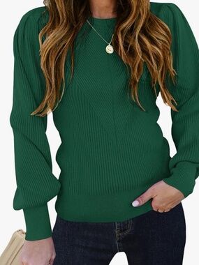 TECREW Women's Puff Sleeve Crew Neck Pullover Sweater - Green - Small